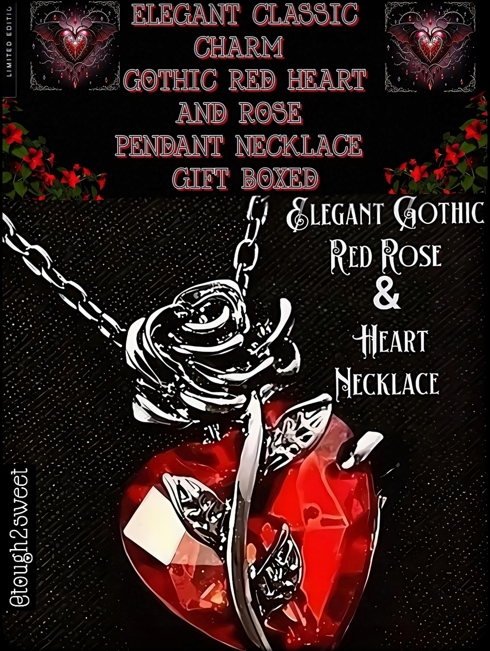 🆕️ELEGANT CLASSIC CHARM GOTHIC RED HEART AND ROSE PENDANT NECKLACE GIFT BOXED